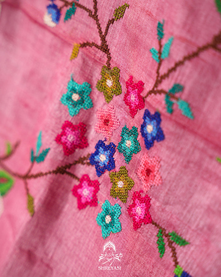 Handloom Pure Desi Tussar Silk Saree with Petit Point Embroidery