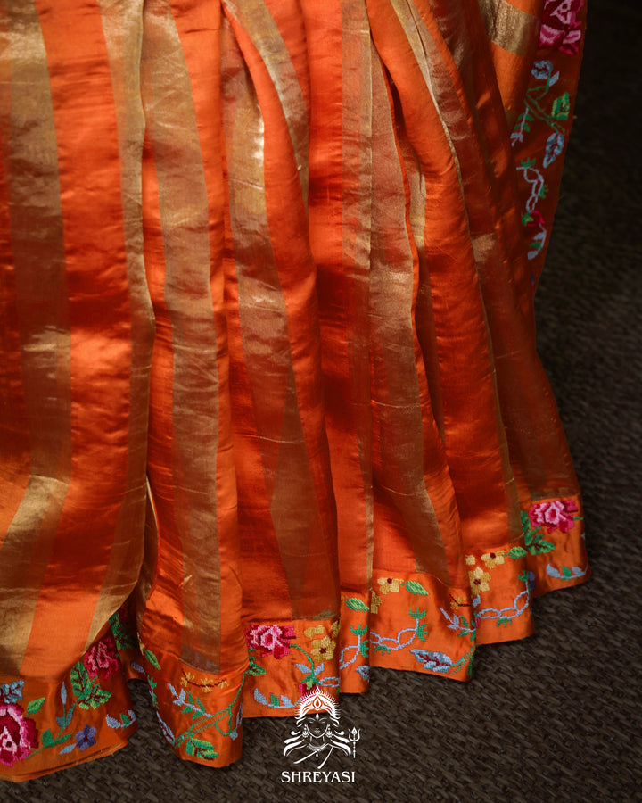 Handloom Pure Banarasi Tissue Stripes Saree with Petit Point Embroidered Borders