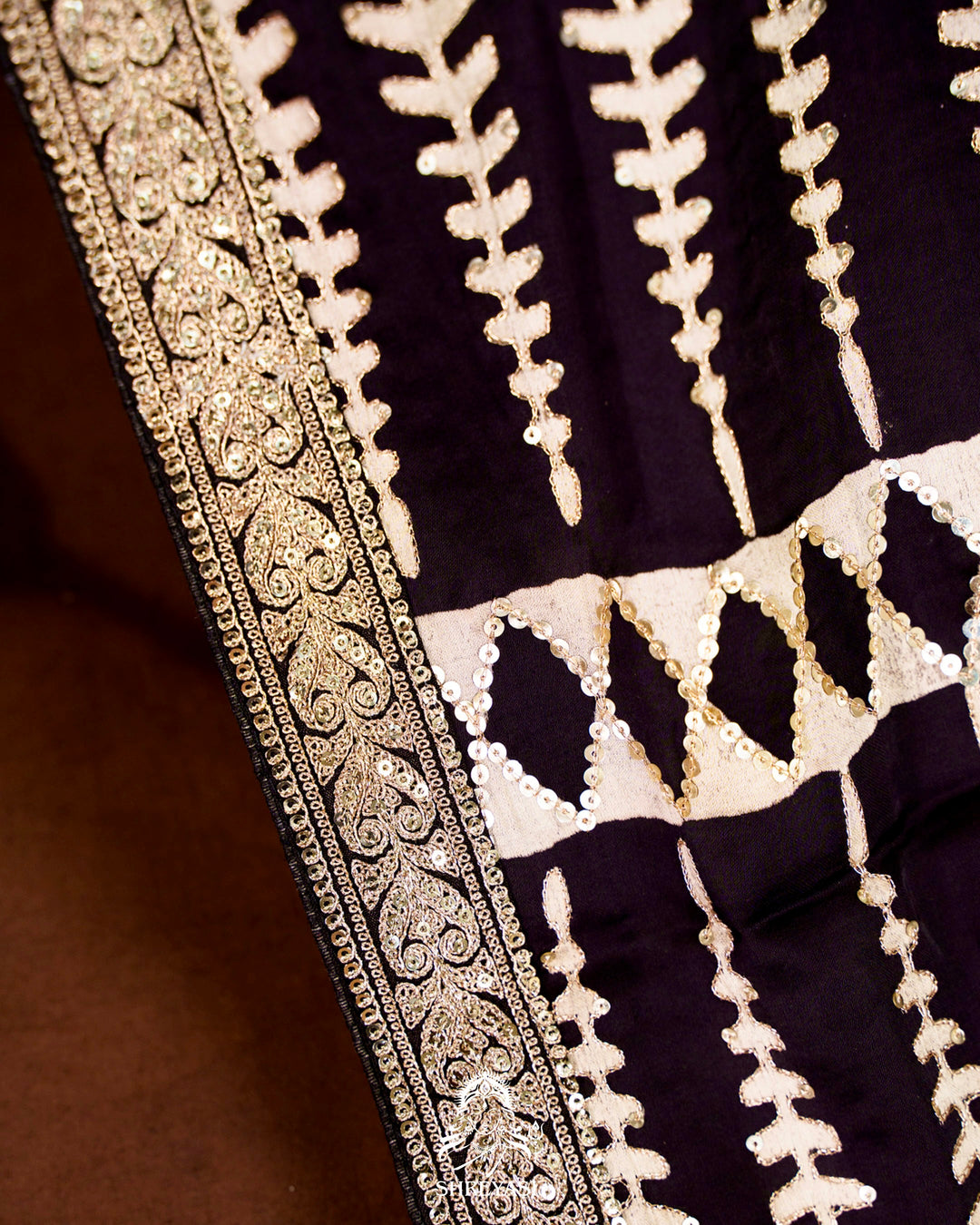 Handloom Pure Modal Silk Ajrakh Hand Block Printed Saree with Natural Dyes, All Over Aari Embroidery & Embroidered Borders