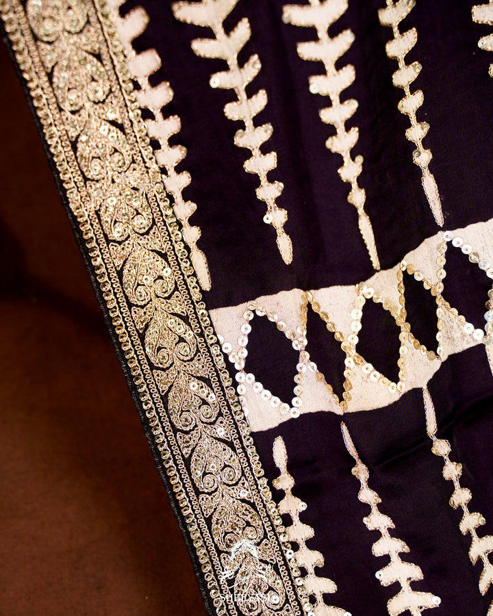 Handloom Pure Modal Silk Ajrakh Hand Block Printed Saree with Natural Dyes, All Over Aari Embroidery & Embroidered Borders