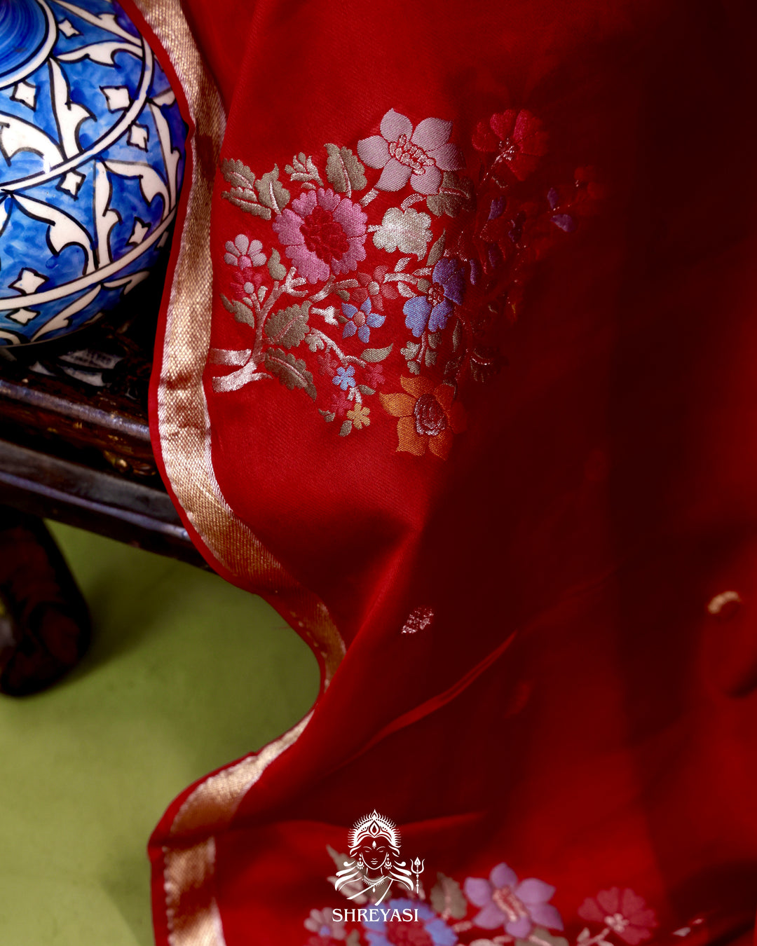 Handloom Pure Mashru Silk Saree with Sona Rupa Meenakari Bhutis and Nakshi Pallu