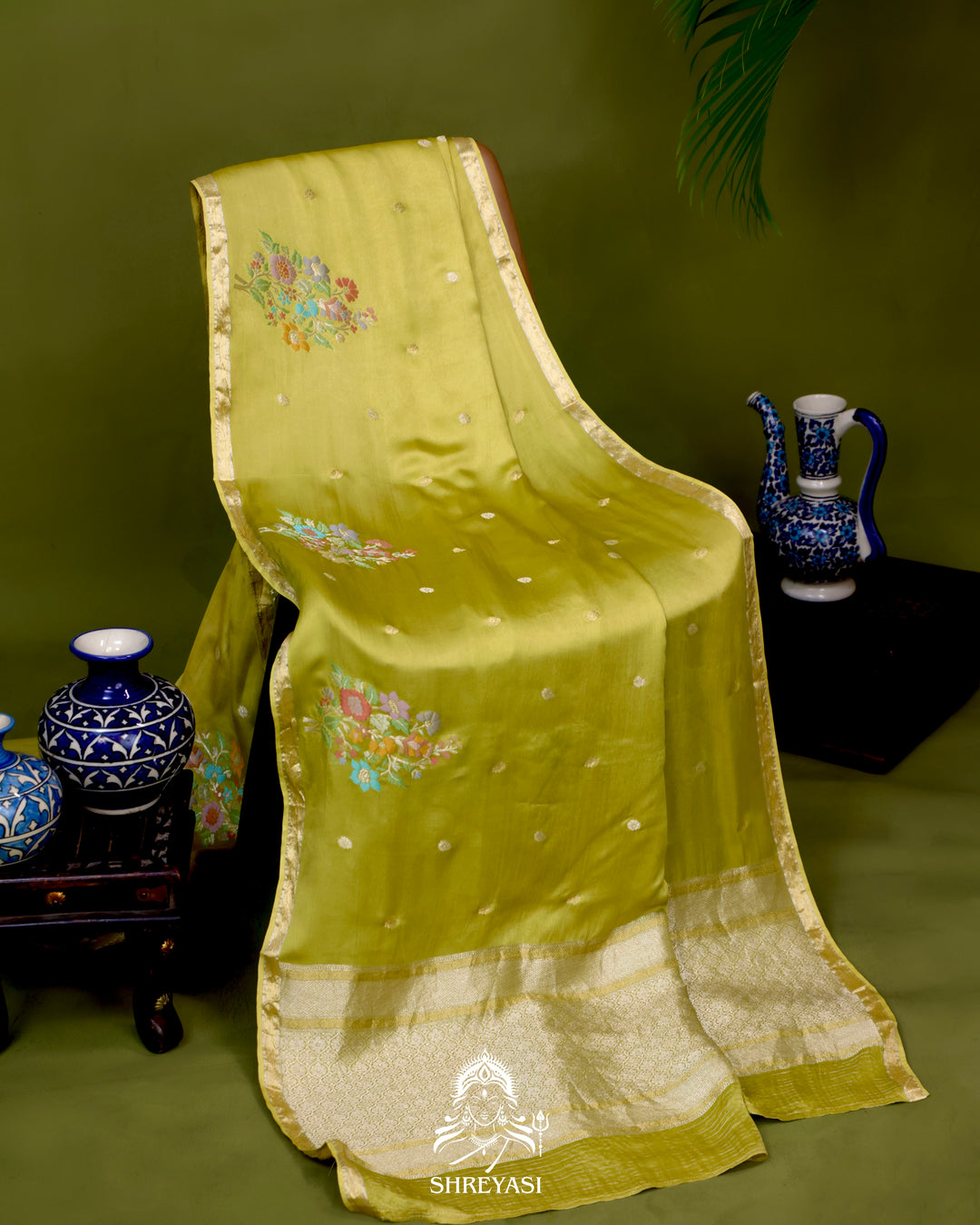 Handloom Pure Mashru Silk Saree with Sona Rupa Meenakari Bhutis and Nakshi Pallu