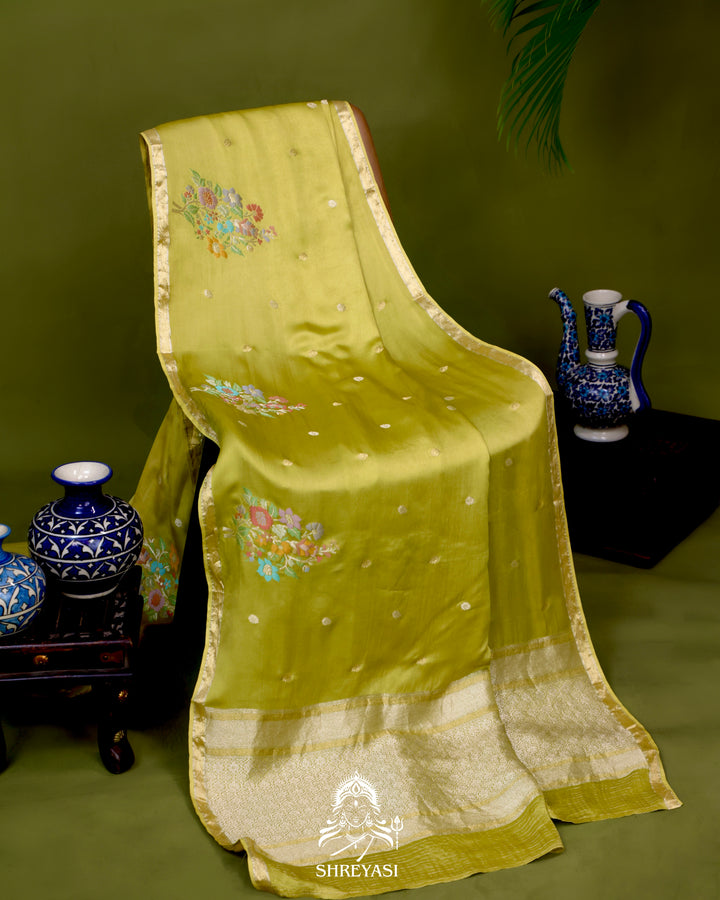 Handloom Pure Mashru Silk Saree with Sona Rupa Meenakari Bhutis and Nakshi Pallu