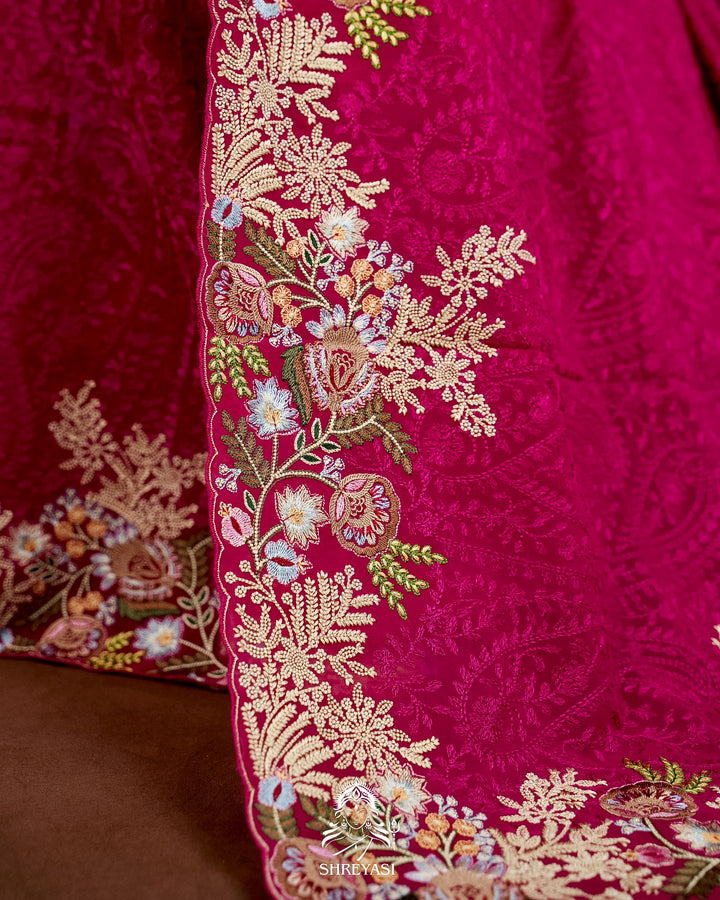 Premium Pure Georgette Chikankari Saree in Jewel Magenta with Embroidered Floral Borders