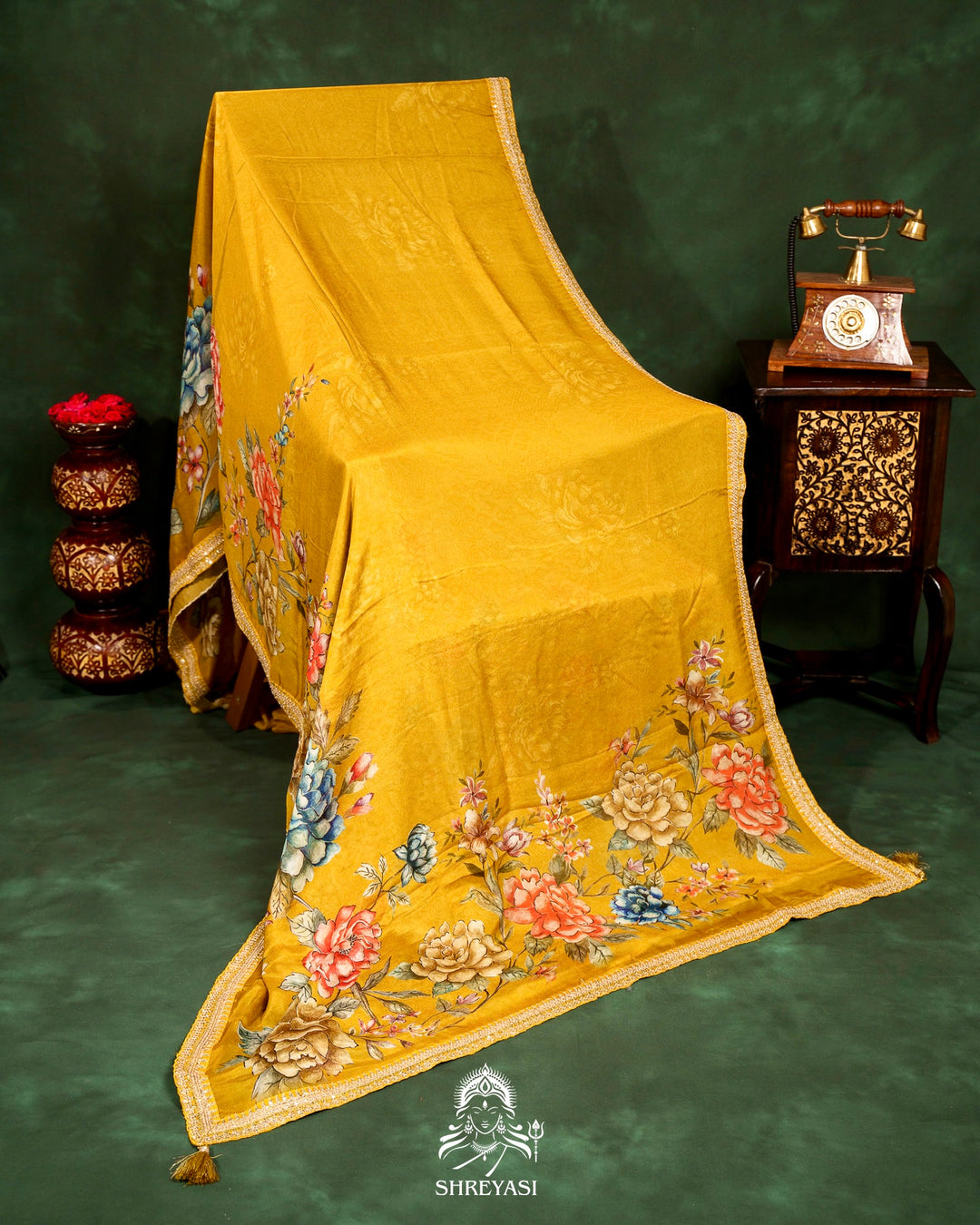 Floral Crepe Chiffon Saree with Embroidered Borders