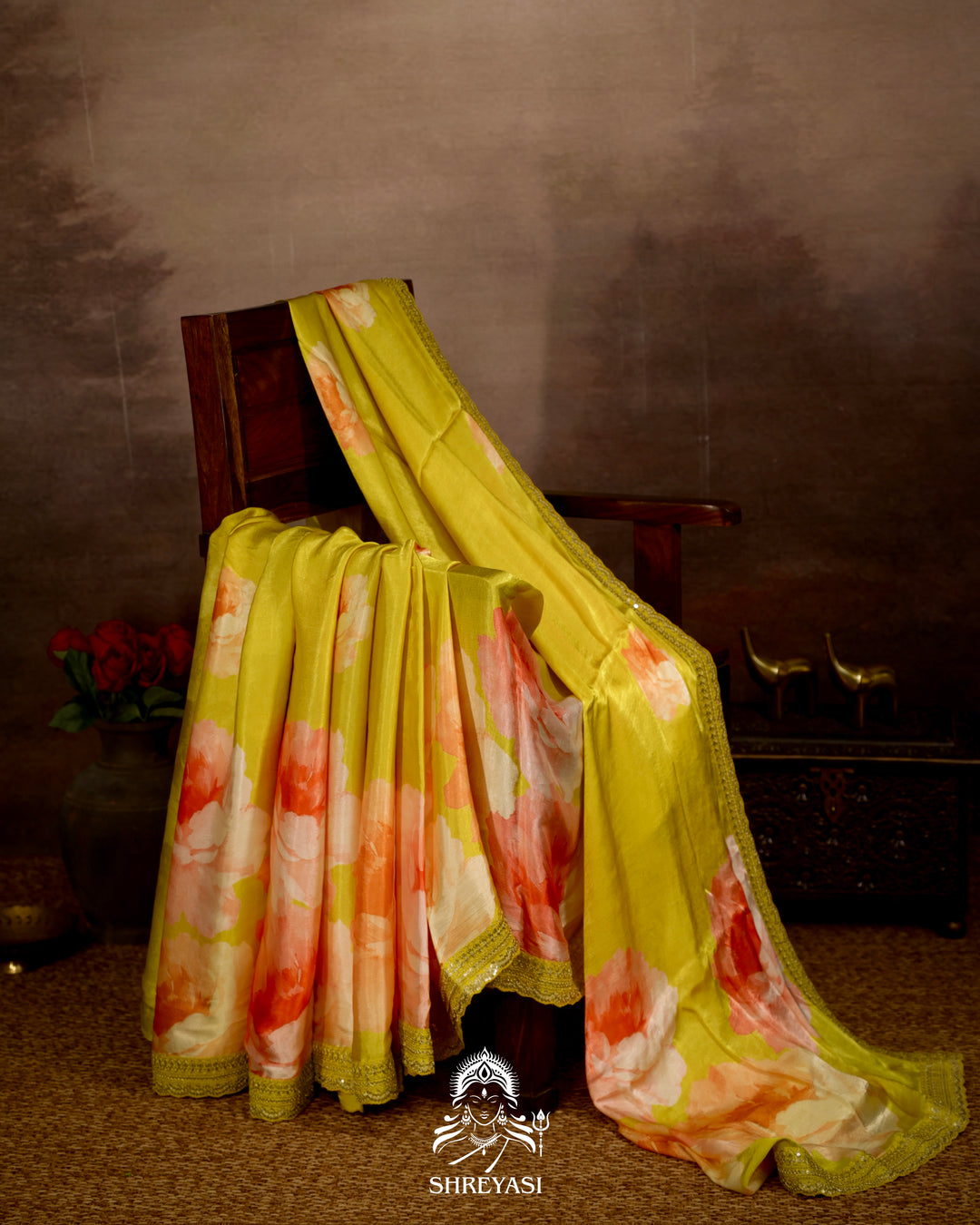 Lime Yellow Chinon Satin Floral Saree with Embroidered Border