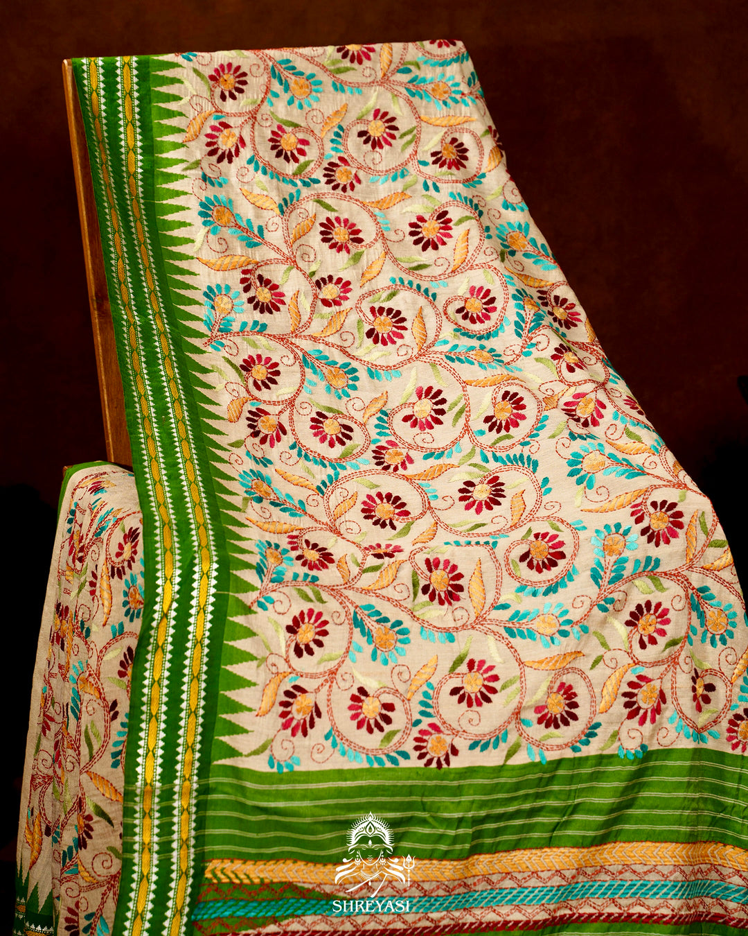 Handloom Pure Vidarbha Tussar Silk Saree with Karvati Kinar Border and Kantha Embroidery