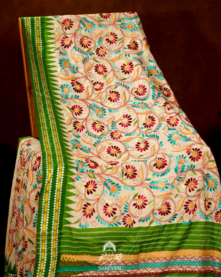 Handloom Pure Vidarbha Tussar Silk Saree with Karvati Kinar Border and Kantha Embroidery