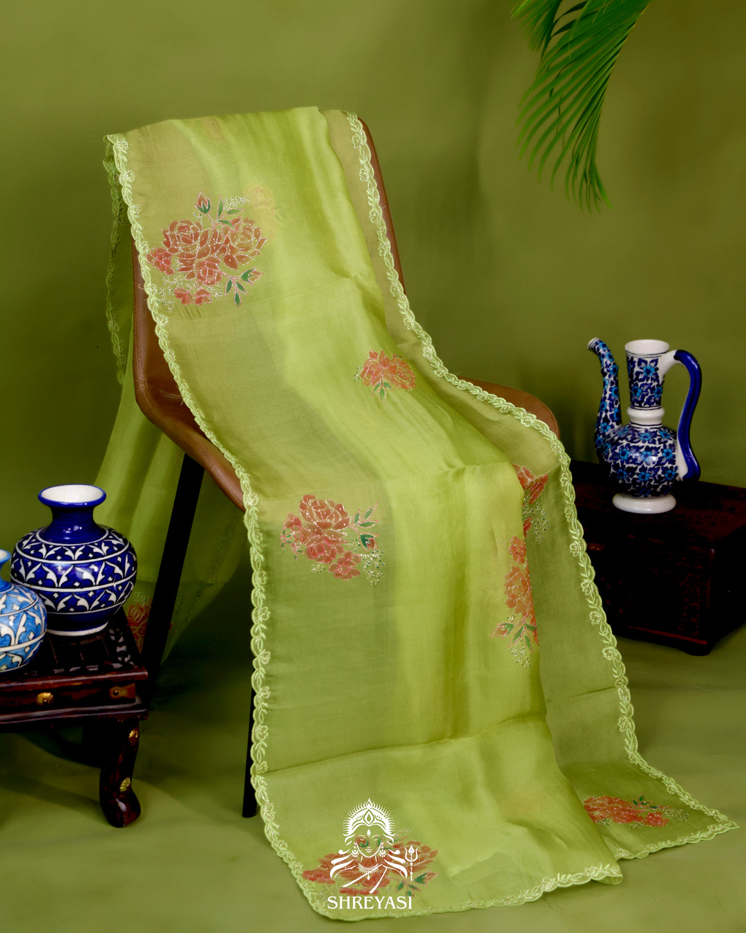 Hand Painted Floral Pure Organza Silk Saree with Pita Embroidery