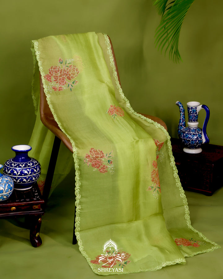 Hand Painted Floral Pure Organza Silk Saree with Pita Embroidery