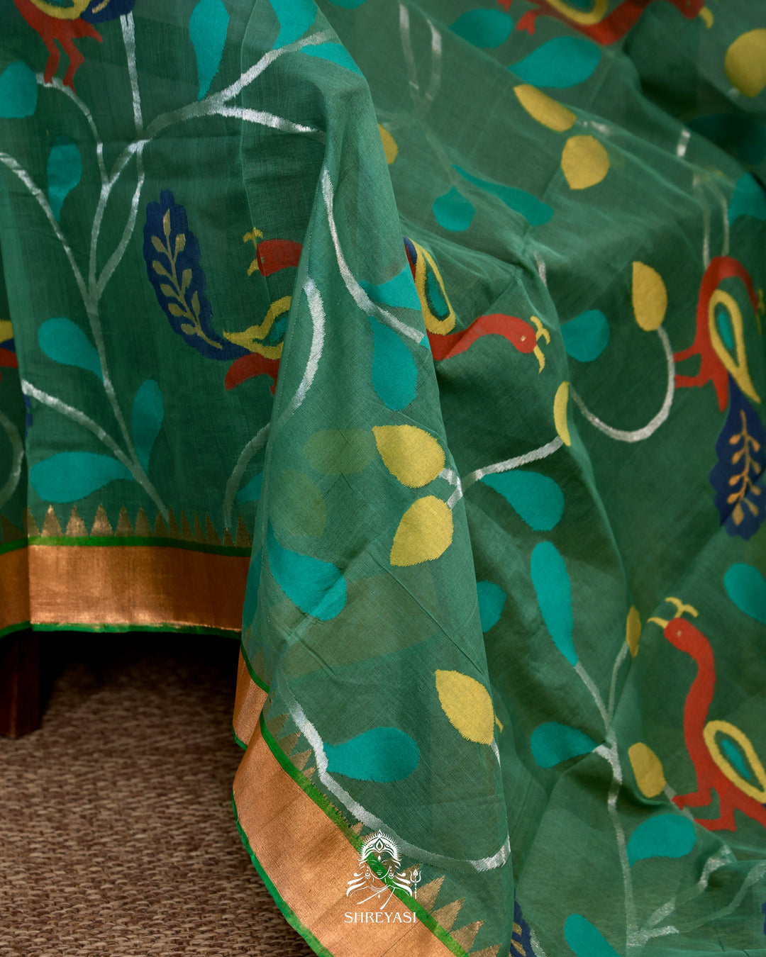Handwoven Pure Ponduru Khadi Jamdani Saree with All-Over Peacock Vine Weave