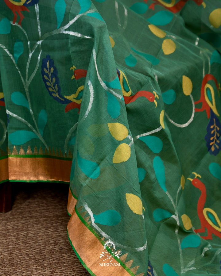 Handwoven Pure Ponduru Khadi Jamdani Saree with All-Over Peacock Vine Weave
