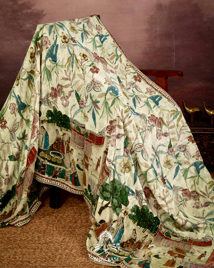 Pure Crepe Silk Storytelling Saree with Miniature Folklore Artwork