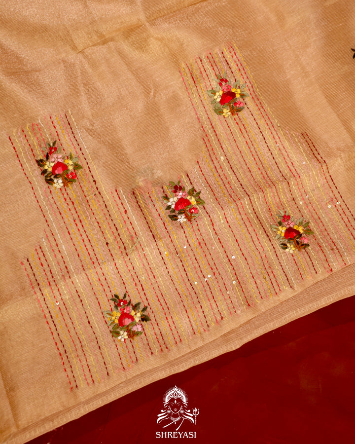 Tissue Linen Saree with Resham Floral Embroidery