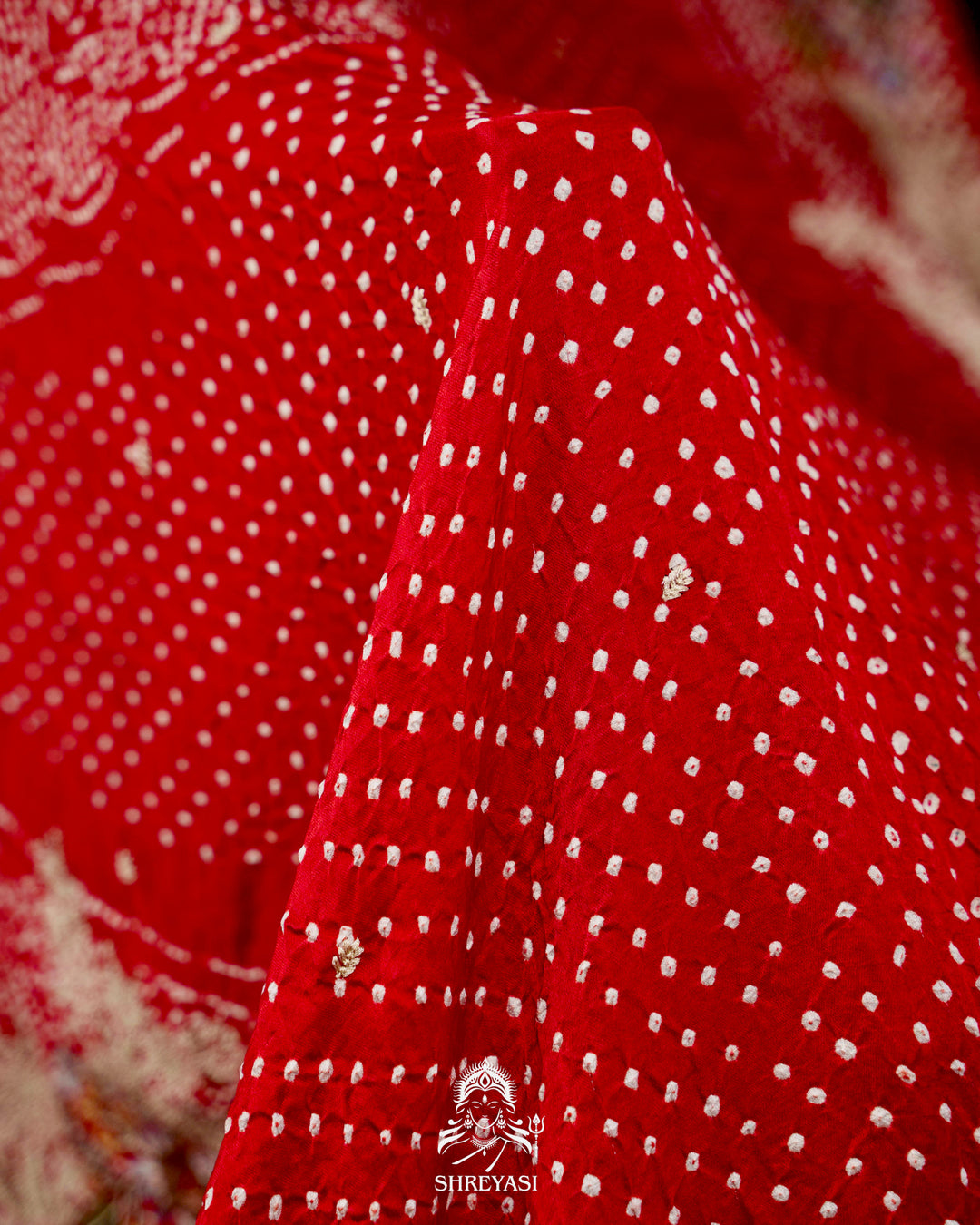 Handloom Pure Gaji Silk Bandhej Saree with Floral Embroidery in Scarlet Red
