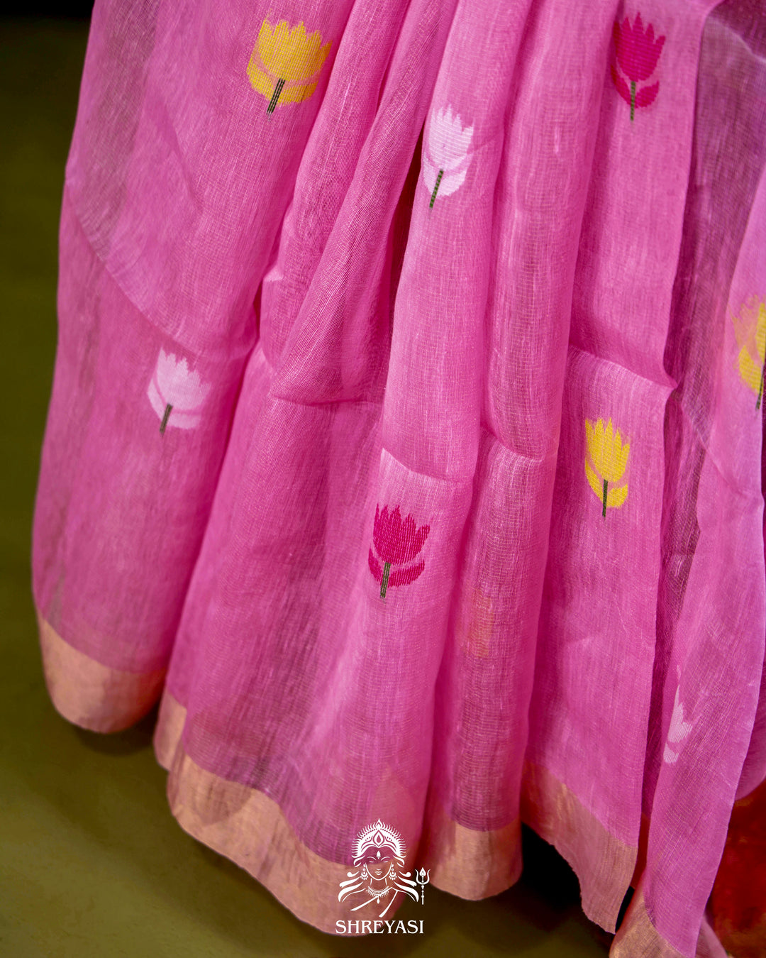 Handloom Silk Linen Jamdani Saree with Tissue Paithani Pallu