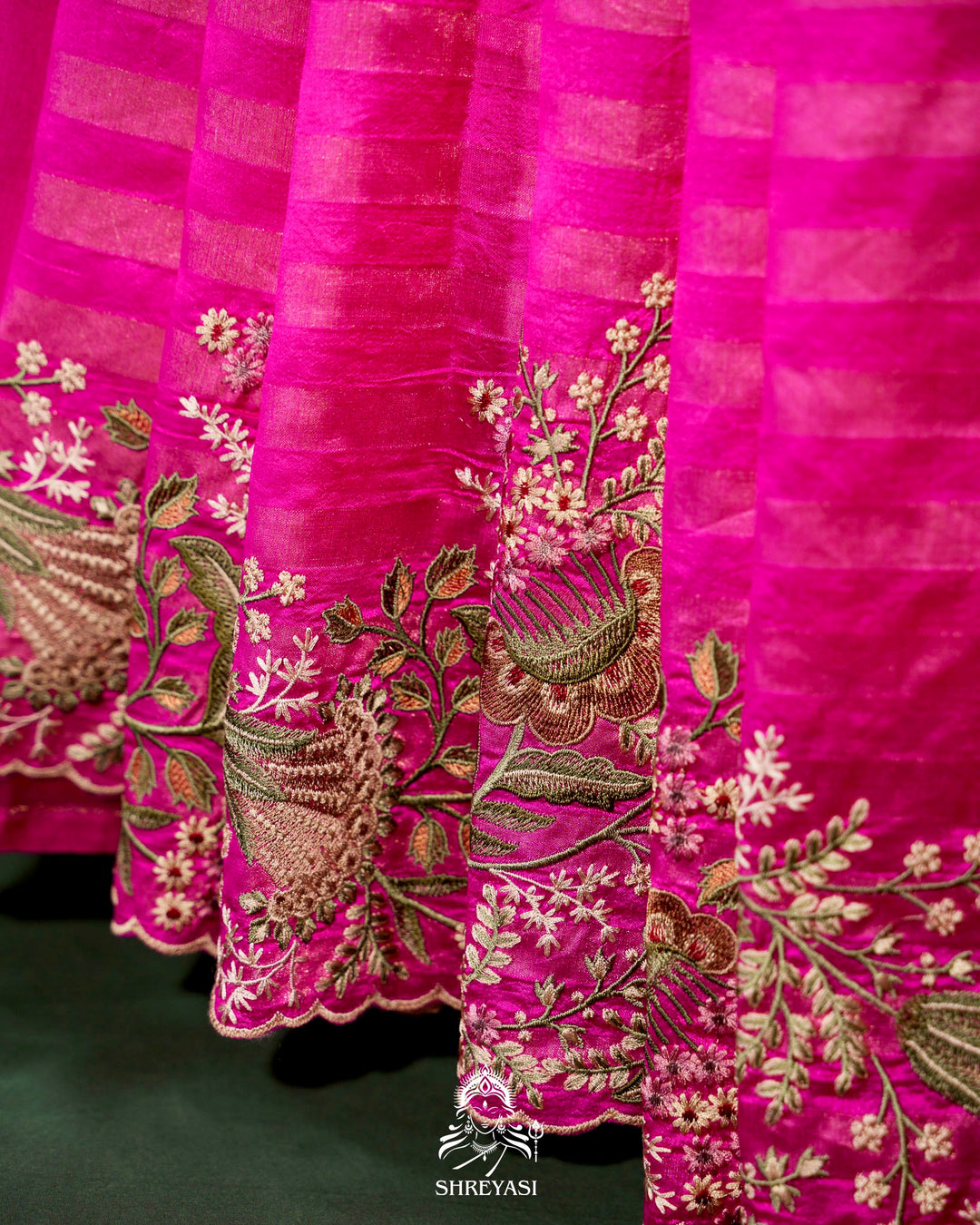 Handloom Pure Banarasi Silk Saree with Zari Stripes and Fine Resham Thread Embroidery