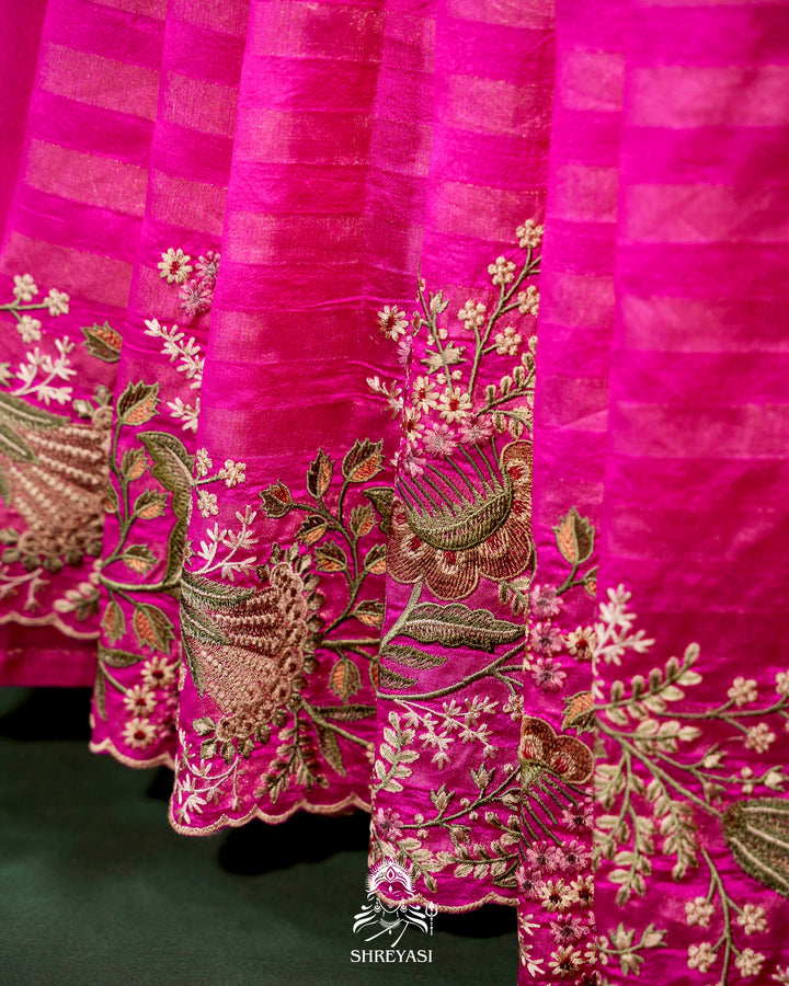 Handloom Pure Banarasi Silk Saree with Zari Stripes and Fine Resham Thread Embroidery