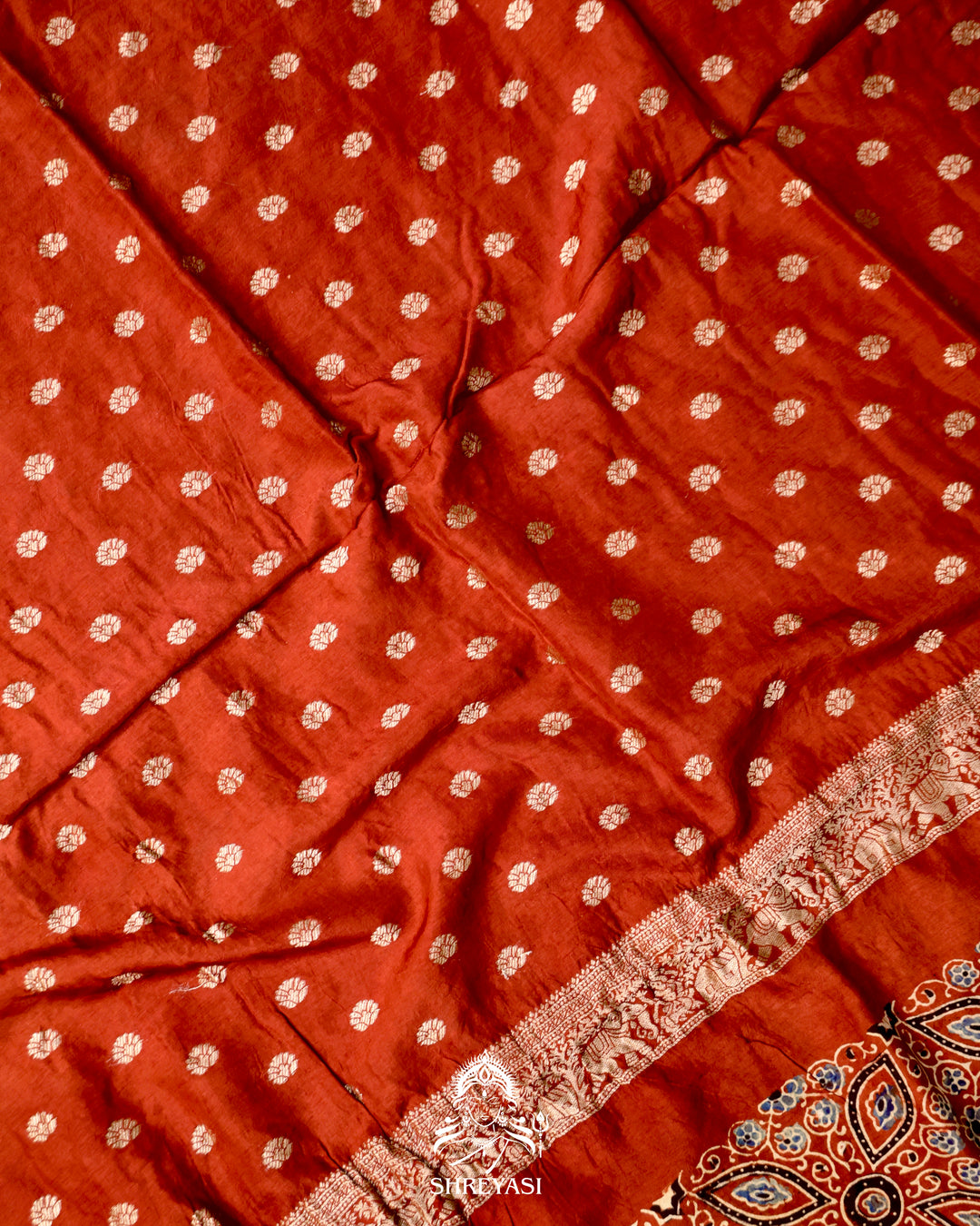 Hand Block Printed Ajrakh Dola Silk Saree with Zari Brocade Blouse