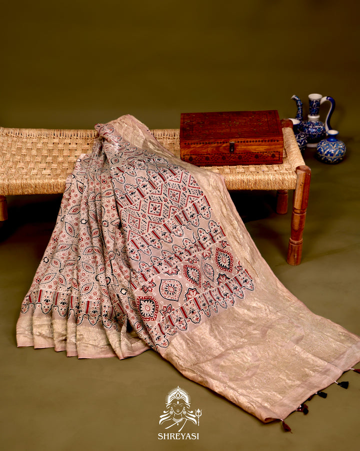 Hand Block Printed Ajrakh Dola Silk Saree with Zari Brocade Blouse
