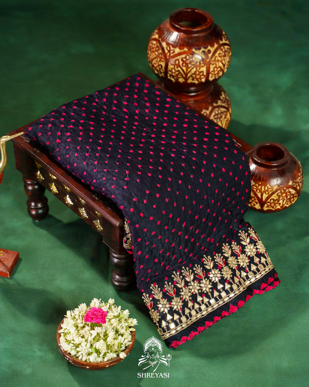 Handloom Pure Gaji Silk Saree with Hand-Knotted Bandhej, Gharchola Pallu & Heavy Gota Patti Embroidery