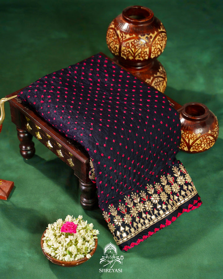 Handloom Pure Gaji Silk Saree with Hand-Knotted Bandhej, Gharchola Pallu & Heavy Gota Patti Embroidery