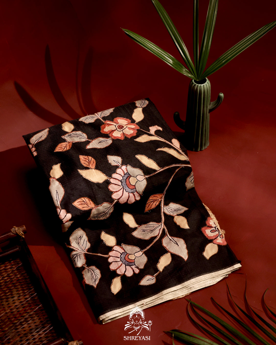 Kota saree with floral kalamkari appliqué work, contrast border, and lightweight breathable drape