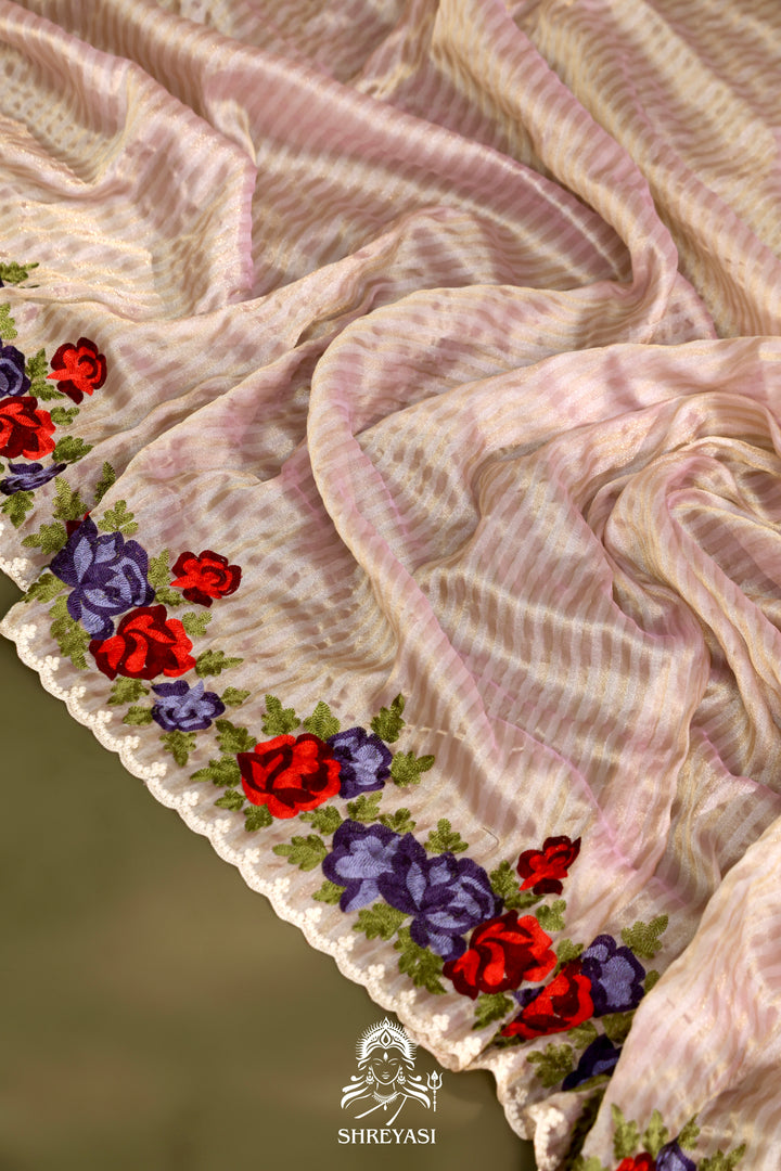 Chanderi Tissue Saree with Pita & Thread Floral Embroidery