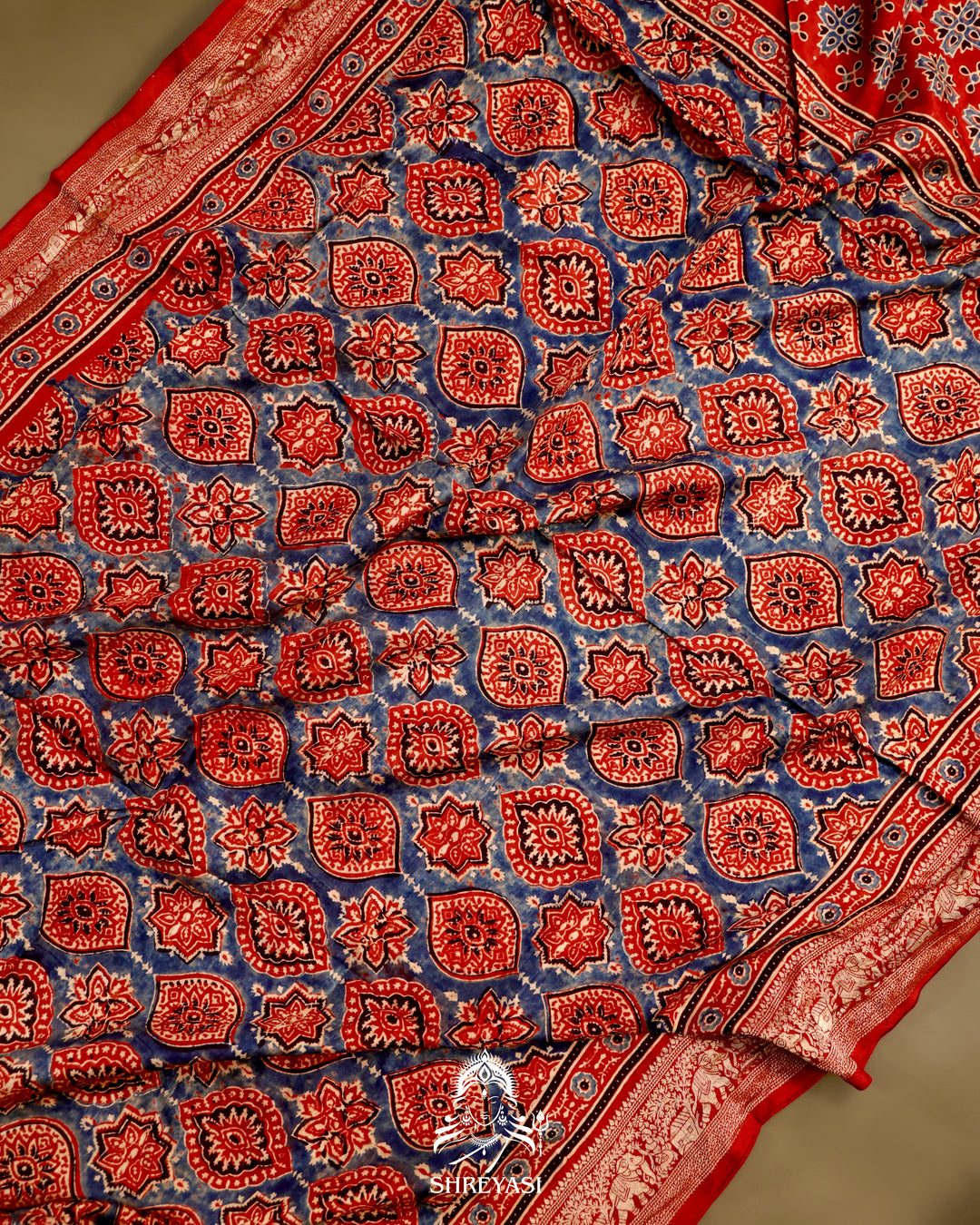 Hand Block Printed Ajrakh Dola Silk Saree with Zari Brocade Blouse