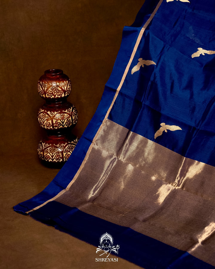 Handloom Pure Chanderi Pattu Silk Saree in Cobalt Blue with Bird Motifs