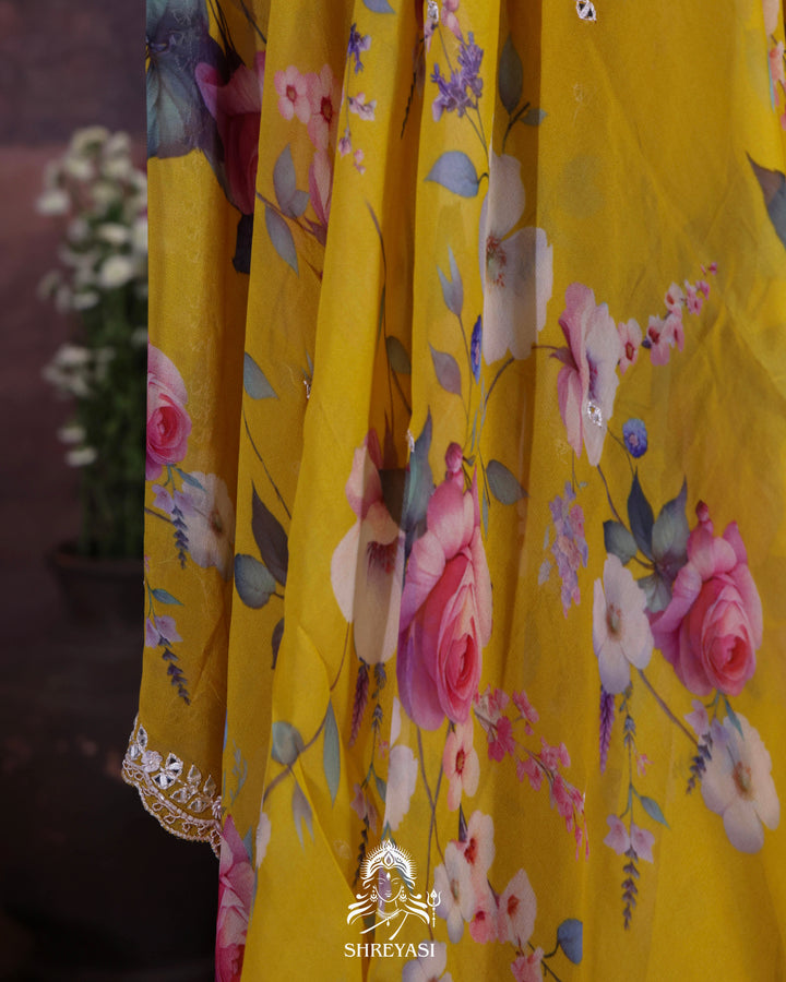 Floral Georgette Saree with Mirror Work Embroidery