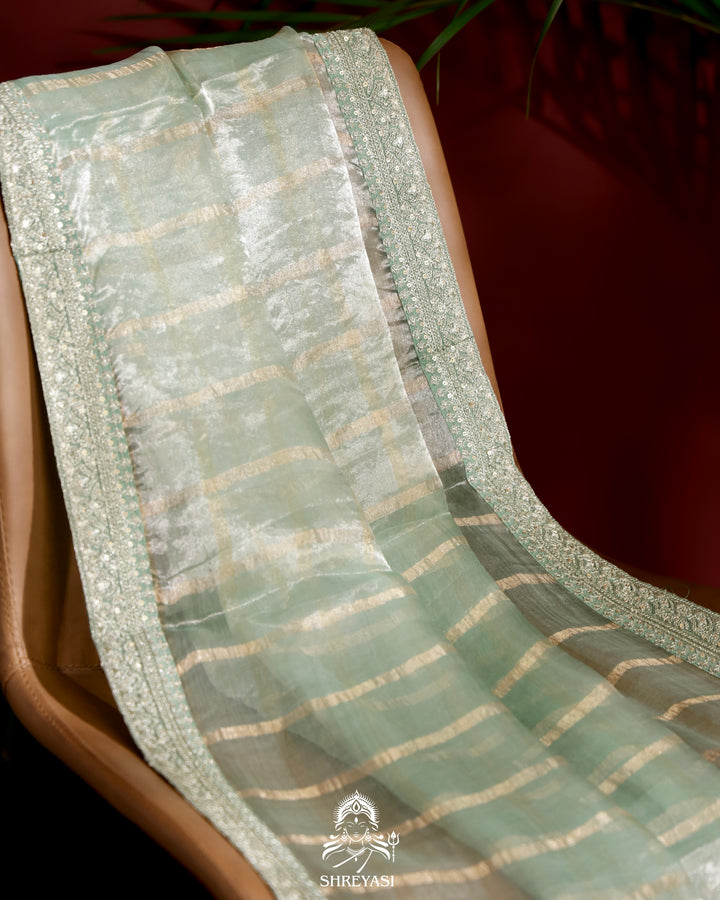 Banarasi Tissue Silk Checks Saree with Embroidered Border