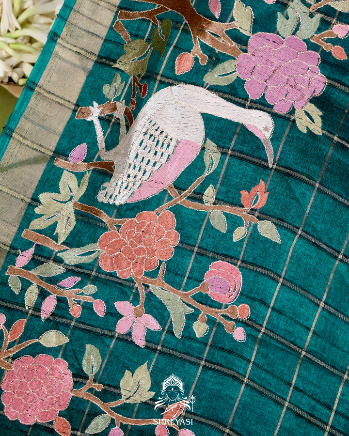 Pure Linen Tussar Silk Saree with Resham Embroidered Borders