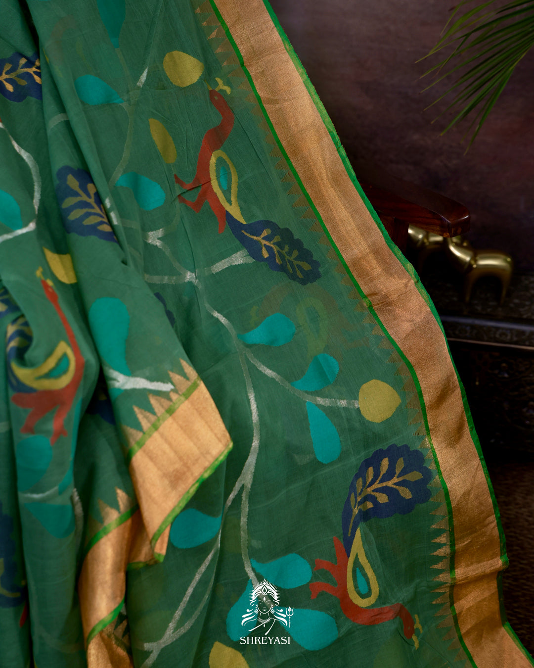 Handwoven Pure Ponduru Khadi Jamdani Saree with All-Over Peacock Vine Weave
