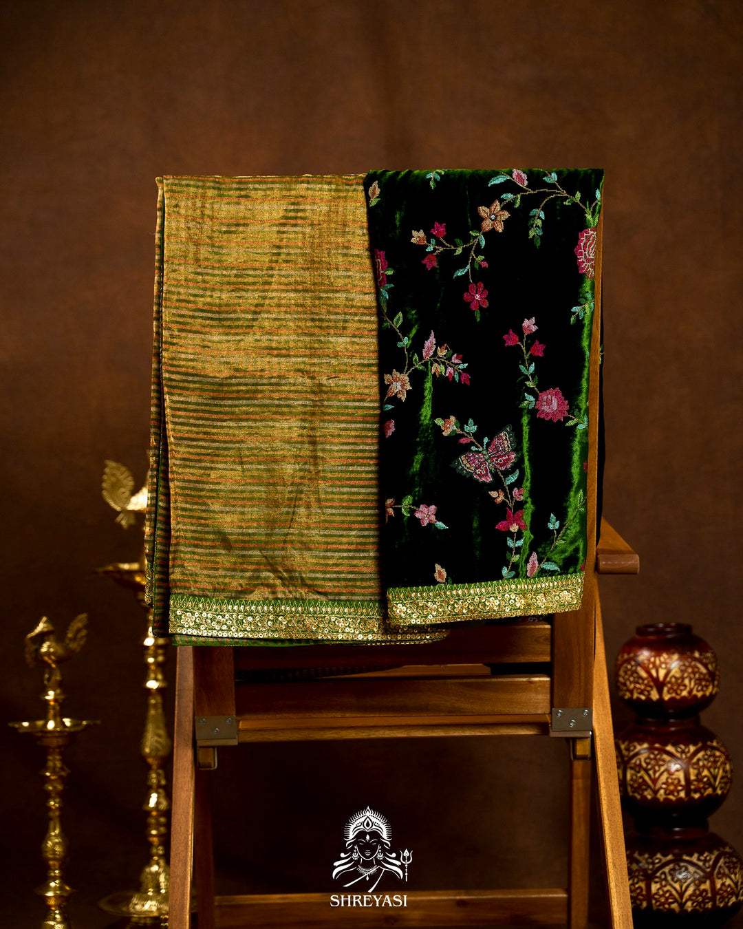 Banarasi Tissue Silk Saree with Embroidered Borders & Petit Point Embroidered Velvet Blouse