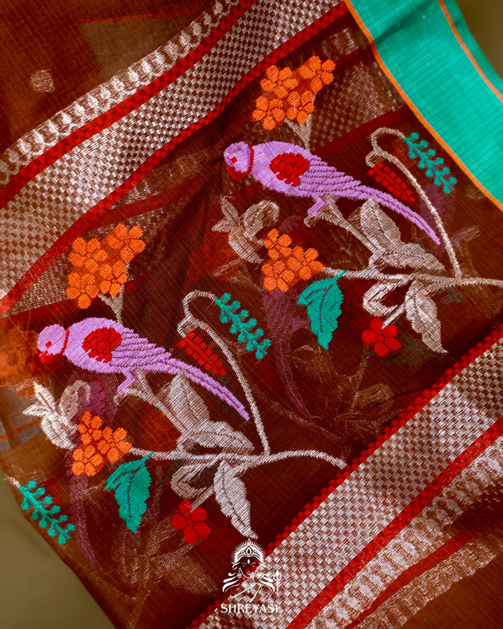 Zari Kota Silk Saree with Bird Motifs and Contrast Turquoise Blouse