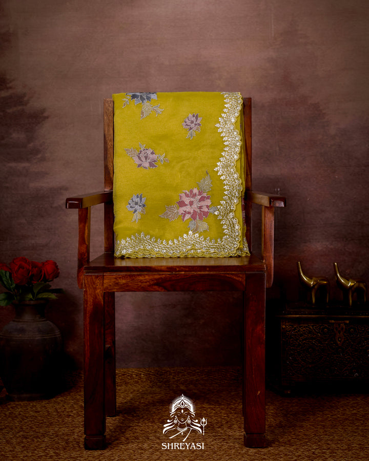 Pure Tissue Silk Saree with Floral Threadwork and Pita Embroidered Border