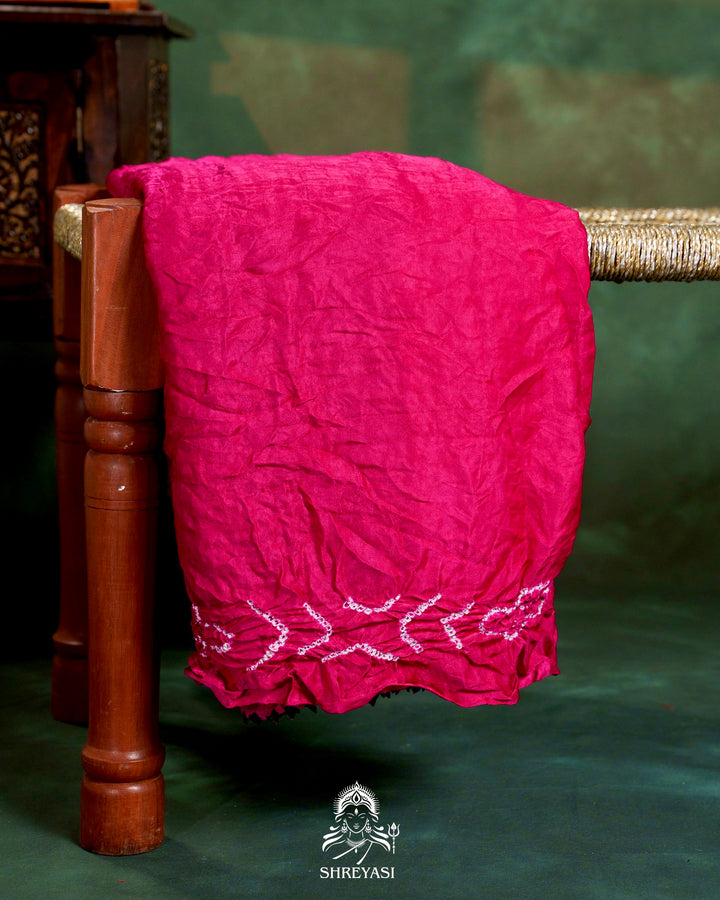Handloom Pure Bandhani Gaji Silk Saree with Hand-Knotted Bandhej and Multicolored Bandhani Pallu