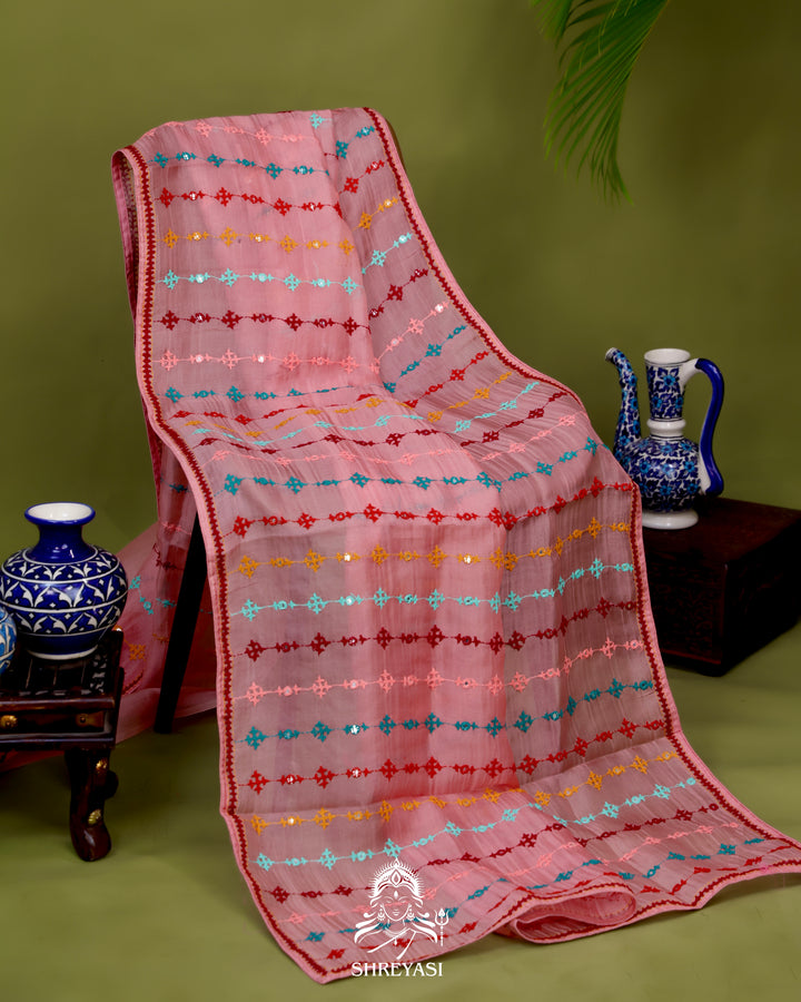 Pure Organza Silk Saree with Hand Embroidered Kutchi Shisha Mirror Work
