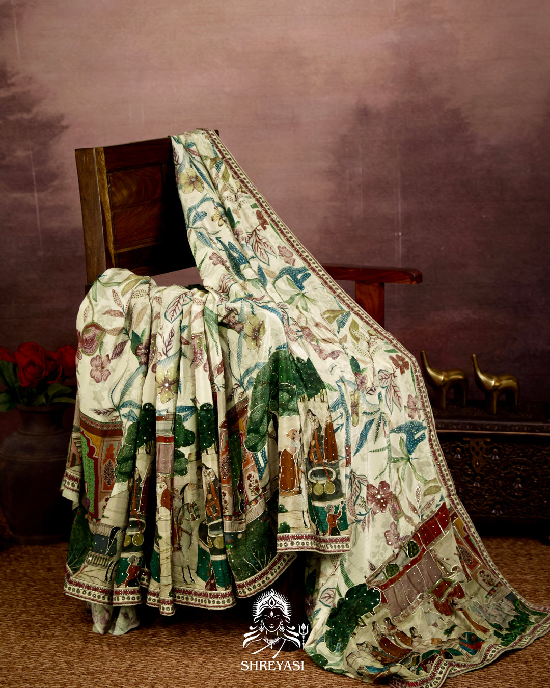 Pure Crepe Silk Storytelling Saree with Miniature Folklore Artwork