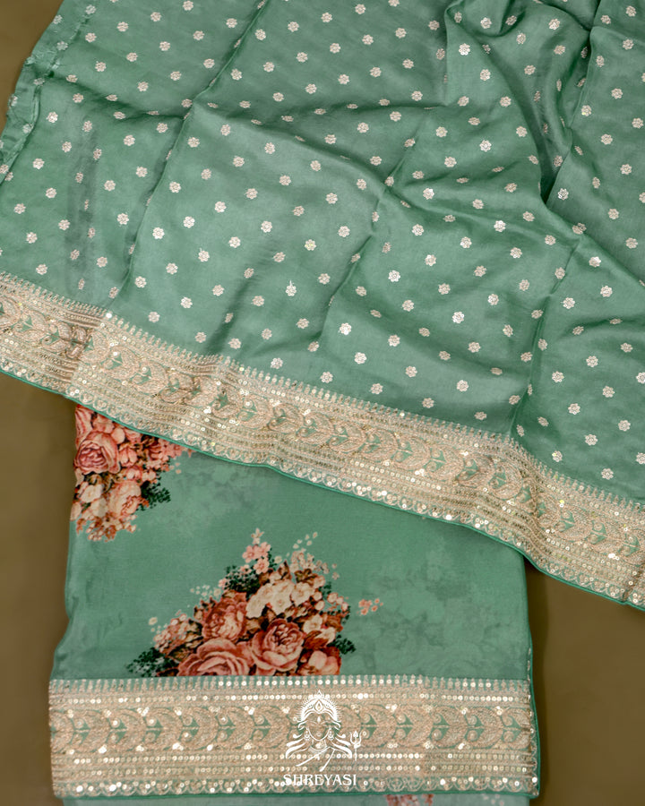 Crepe Satin Silk Saree with Floral Design and Embroidered Border