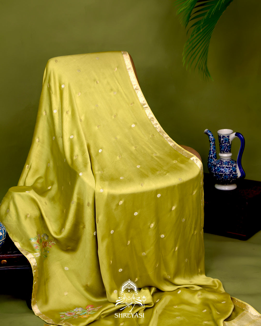 Handloom Pure Mashru Silk Saree with Sona Rupa Meenakari Bhutis and Nakshi Pallu