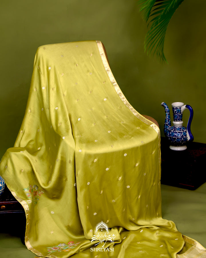 Handloom Pure Mashru Silk Saree with Sona Rupa Meenakari Bhutis and Nakshi Pallu