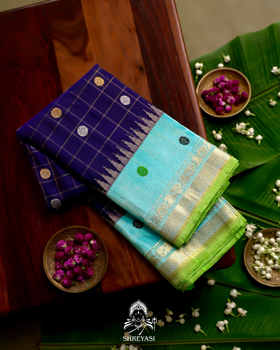 Handloom Pure Gadwal Silk Saree in Royal Blue with Aqua Tissue Borders