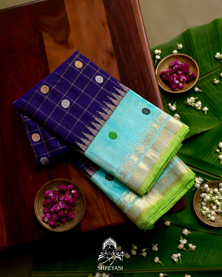 Handloom Pure Gadwal Silk Saree in Royal Blue with Aqua Tissue Borders