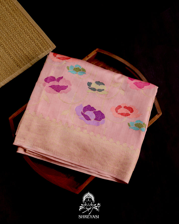 Banarasi Ektara silk saree with kadhwa meenakari weaving and all-over jamdani-inspired floral motifs