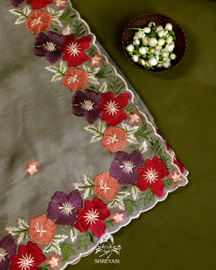 Tussar Silk Saree with Resham Floral Embroidery Border