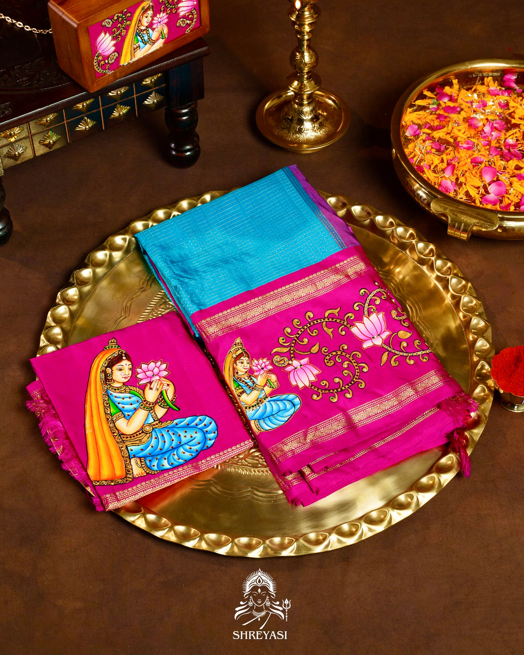 Traditional Tanjore Painting on Handloom Pure Kanjivaram Silk Sarees with Real Zari