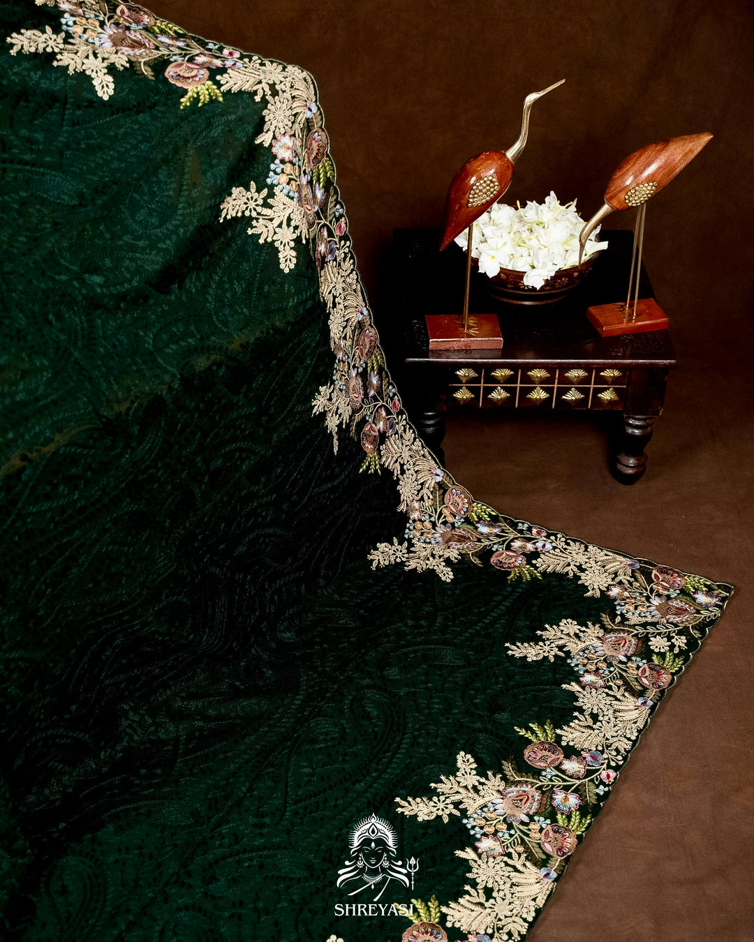 Premium Pure Georgette Chikankari Saree in Emerald Green with Embroidered Floral Borders