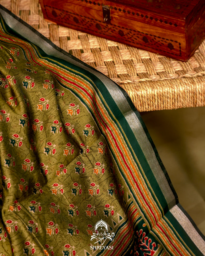 Olive Green Crystal Cotton Saree